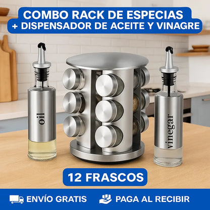 Combo Organizador de Especias + 2 Dispensador de Aceite y Vinagreta
