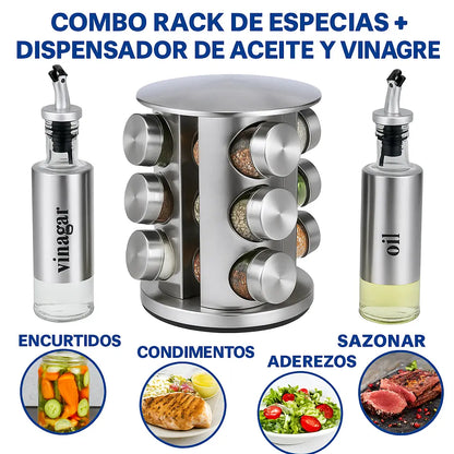 Combo Organizador de Especias + 2 Dispensador de Aceite y Vinagreta